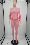 Pink Casual Print Letter Zipper Collar Long Sleeve Two Pieces