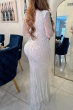 White Sexy Patchwork Hot Drilling See-through O Neck Long Dress Dresses