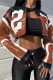 Brown Street Print Patchwork Zipper O Neck Outerwear