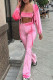 Pink Sexy Solid Bandage Patchwork Zipper Halter Long Sleeve Three Pieces
