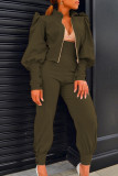 Army Green Casual Solid Patchwork Buttons Zipper Half A Turtleneck Long Sleeve Two Pieces