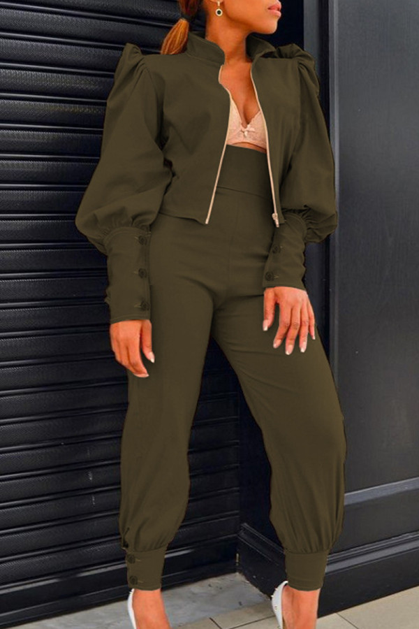 Army Green Casual Solid Patchwork Buttons Zipper Half A Turtleneck Long Sleeve Two Pieces