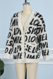 White Casual Letter Patchwork V Neck Outerwear