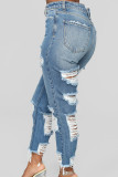 Baby Blue Street Solid Ripped Patchwork Pocket Buttons Zipper High Waist Straight Denim Jeans