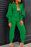 Green Casual Solid Patchwork Buttons Zipper Half A Turtleneck Long Sleeve Two Pieces