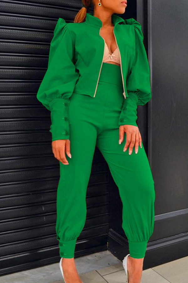 Green Casual Solid Patchwork Buttons Zipper Half A Turtleneck Long Sleeve Two Pieces