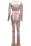 Skin Color Casual Print Frenulum V Neck Long Sleeve Two Pieces