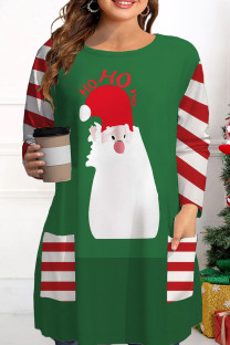 Green White Casual Print Santa Claus Basic O Neck Tops