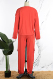 Red Casual Sportswear Daily Patchwork Plain Patchwork Draw String Pocket Pants O Neck Long Sleeve Two Pieces
