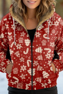 Red Casual Print Patchwork Zipper Hooded Collar Outerwear