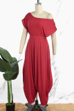 Red Casual Solid Backless Oblique Collar Short Sleeve Two Pieces