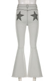 Grey Street Print Patchwork Pocket Buttons Zipper Boot Cut Mid Waist Speaker Positioning Print Bottoms
