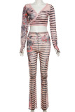 Skin Color Casual Print Frenulum V Neck Long Sleeve Two Pieces