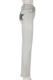 Grey Street Print Patchwork Pocket Buttons Zipper Boot Cut Mid Waist Speaker Positioning Print Bottoms