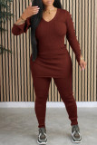 Coffee Casual Solid Slit V Neck Long Sleeve Two Pieces