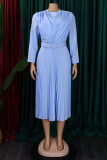 Sky Blue Casual Solid With Belt O Neck Long Sleeve Dresses