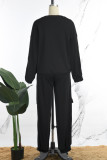 Black Casual Sportswear Daily Patchwork Plain Patchwork Draw String Pocket Pants O Neck Long Sleeve Two Pieces