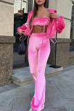 Pink Sexy Solid Bandage Patchwork Zipper Halter Long Sleeve Three Pieces