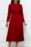 Burgundy Casual Solid With Belt O Neck Long Sleeve Dresses