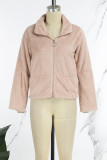 Pink Casual Solid Cardigan Zipper Collar Outerwear