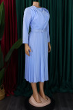 Sky Blue Casual Solid With Belt O Neck Long Sleeve Dresses