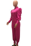 Red Casual Solid Patchwork Buttons Zipper Half A Turtleneck Long Sleeve Two Pieces