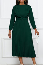 Dark Green Casual Solid With Belt O Neck Long Sleeve Dresses