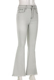 Grey Street Print Patchwork Pocket Buttons Zipper Boot Cut Mid Waist Speaker Positioning Print Bottoms