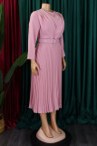 Pink Casual Solid With Belt O Neck Long Sleeve Dresses