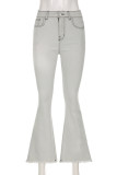 Grey Street Print Patchwork Pocket Buttons Zipper Boot Cut Mid Waist Speaker Positioning Print Bottoms