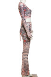 Skin Color Casual Print Frenulum V Neck Long Sleeve Two Pieces