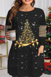 Blue Casual Christmas Tree Printed Patchwork O Neck Tops