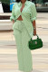 Green Casual Print Patchwork Draw String Pocket Buckle Turndown Collar Long Sleeve Two Pieces