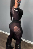 Black Sexy Solid Ripped Hollowed Out See-through O Neck Long Sleeve Two Pieces