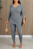 Grey Casual Solid Slit V Neck Long Sleeve Two Pieces