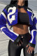 Blue Street Print Patchwork Zipper O Neck Outerwear