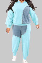 Light Blue Casual Color Block Patchwork Pocket Turndown Collar Plus Size Two Pieces