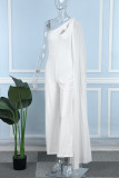 White Casual Daily Elegant Cut Out Asymmetrical Solid Color One Shoulder Regular Jumpsuits