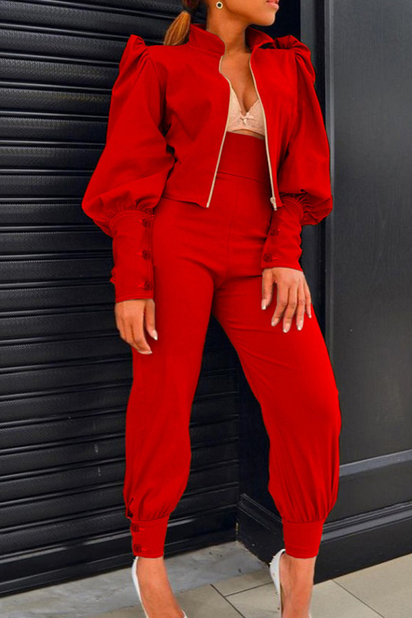 Red Casual Solid Patchwork Buttons Zipper Half A Turtleneck Long Sleeve Two Pieces