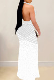 White Sexy Patchwork Hot Drilling See-through Backless Halter Long Dress Dresses