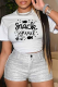 White Casual Print Patchwork Letter O Neck T-Shirts