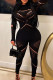 Black Sexy Solid Hollowed Out Patchwork O Neck Skinny Jumpsuits
