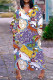 Purple Casual Cartoon Print Basic V Neck Long Sleeve Dresses