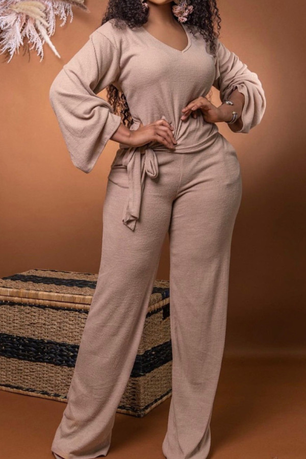 Light Apricot Casual Solid Bandage Patchwork Pocket V Neck Long Sleeve Two Pieces