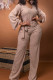 Light Apricot Casual Solid Bandage Patchwork Pocket V Neck Long Sleeve Two Pieces
