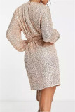 Champagne Casual Patchwork Sequins O Neck Long Sleeve Dresses