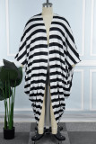 Blue Plus Size Casual Daily Simplicity Striped Contrast Cardigan Collar