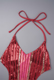 Red Sexy Print Hollowed Out Patchwork Spaghetti Strap Wrapped Skirt Dresses