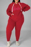 Red Casual Street Letter Hot Drill Hooded Collar Plus Size Two Pieces