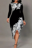 Black Elegant Print Patchwork Slit O Neck Irregular Dress Dresses